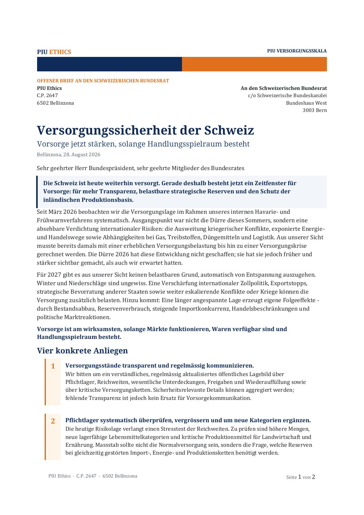 Vorschau des offenen Briefes an den Schweizerischen Bundesrat
